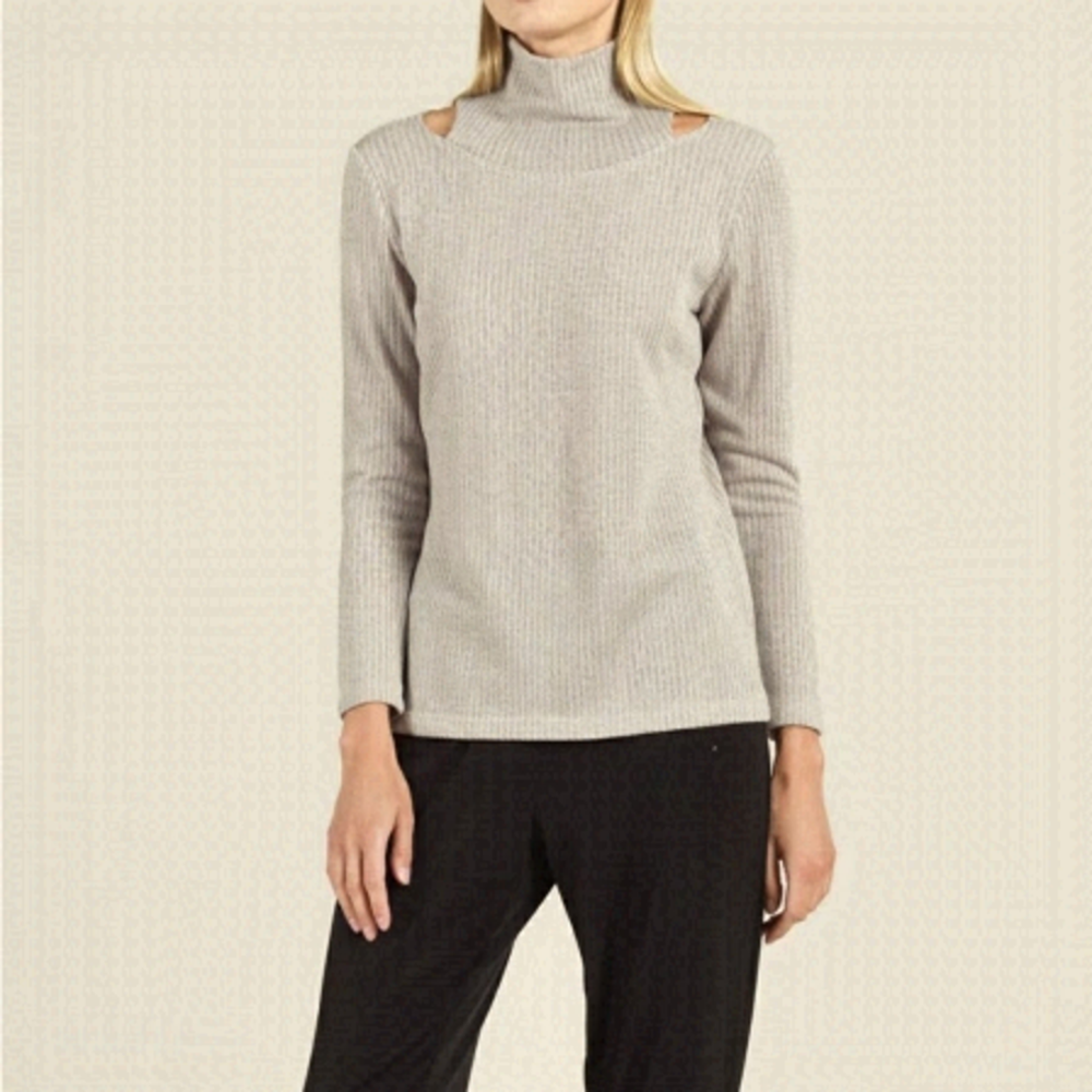 Clara Sun Woo Ribbed Knit Mock Neck Cold Shoulder Sweater, size S